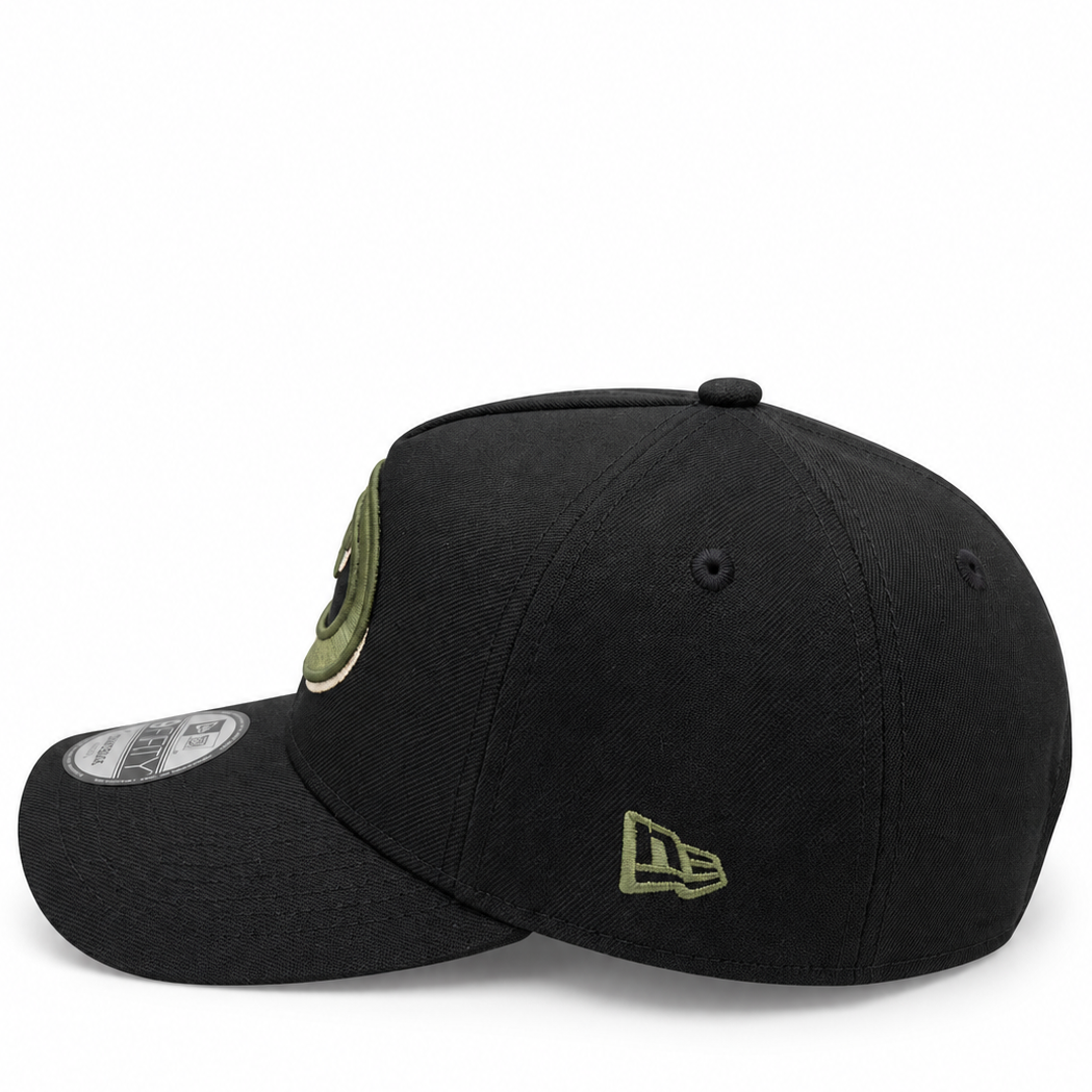 New Era Arizona Diamondbacks black and olive 9FORTY A-Frame hat – side view with olive side patch and olive New Era flag