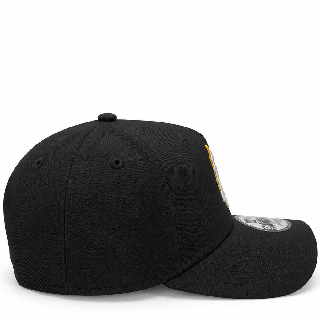 New Era New York Yankees black flame 9FORTY A-Frame cap – side view with embroidered flame detail on the crown