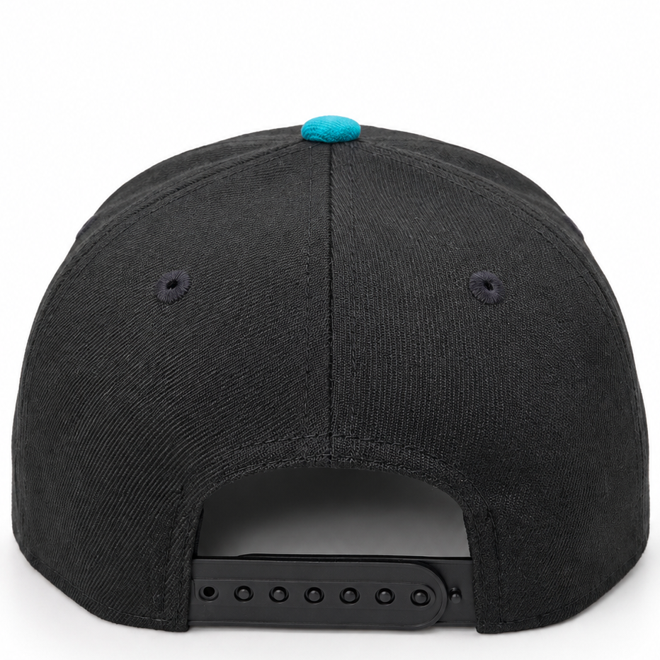 New Era Arizona Diamondbacks 1998 Inaugural Season black and teal hat – back view with black snap closure and teal button