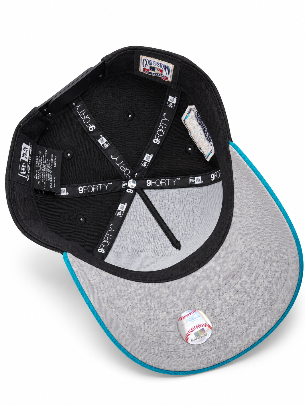 New Era Arizona Diamondbacks 1998 Inaugural Season black and teal hat – underside view with teal trim, grey undervisor and Cooperstown patch