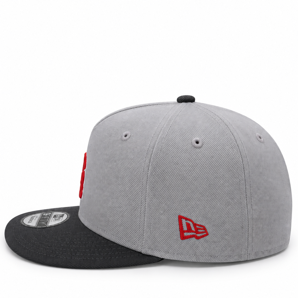 New Era Los Angeles Dodgers grey and charcoal 9FIFTY A-Frame snapback hat – side view with charcoal flat brim and red New Era flag