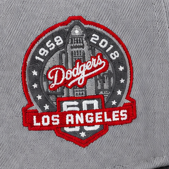 New Era Los Angeles Dodgers grey and charcoal 9FIFTY A-Frame snapback hat – close-up of the red 1958–2018 Los Angeles 60th anniversary side patch