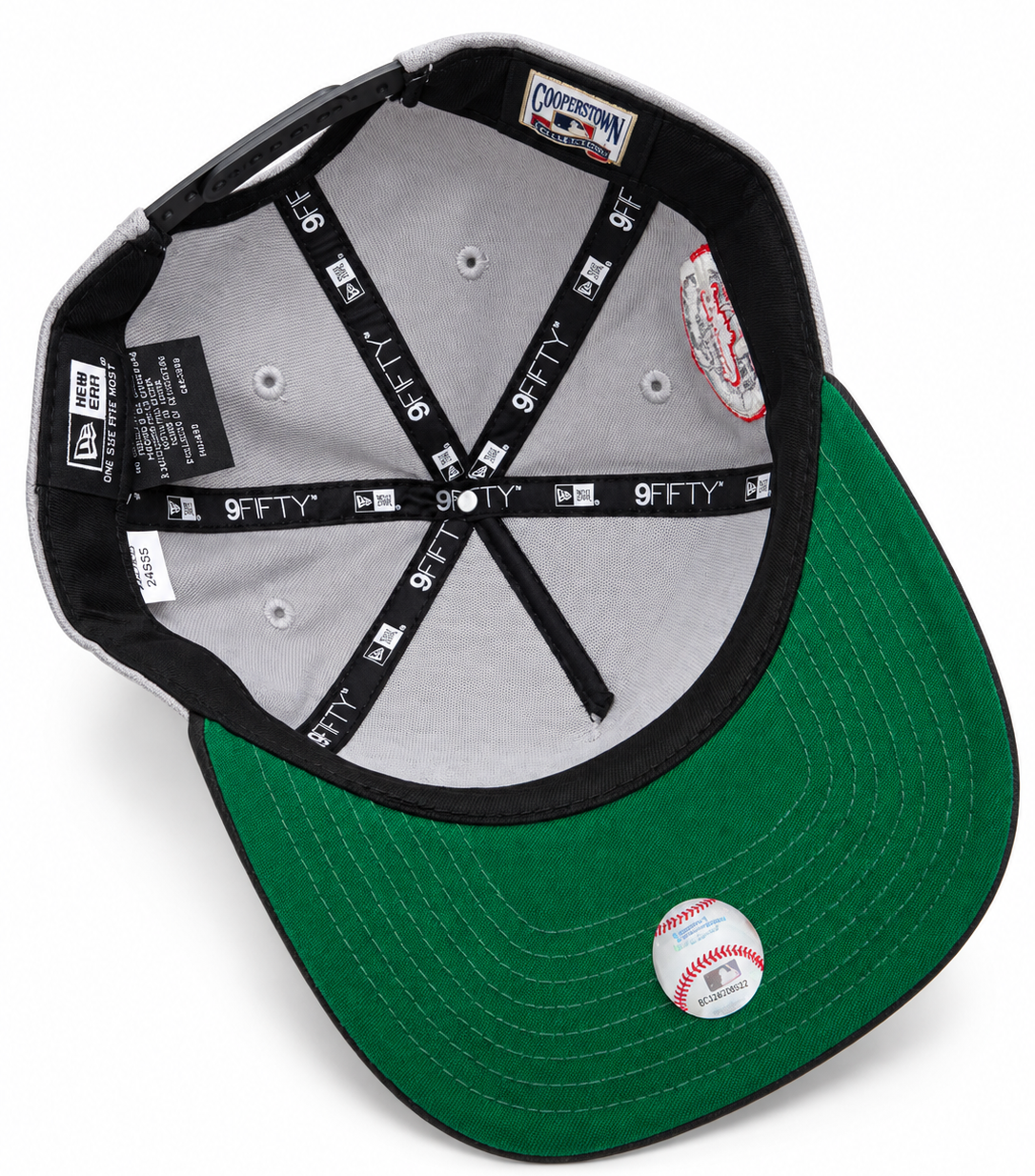 New Era Los Angeles Dodgers grey and charcoal 9FIFTY A-Frame snapback hat – underside view with green undervisor and Cooperstown patch