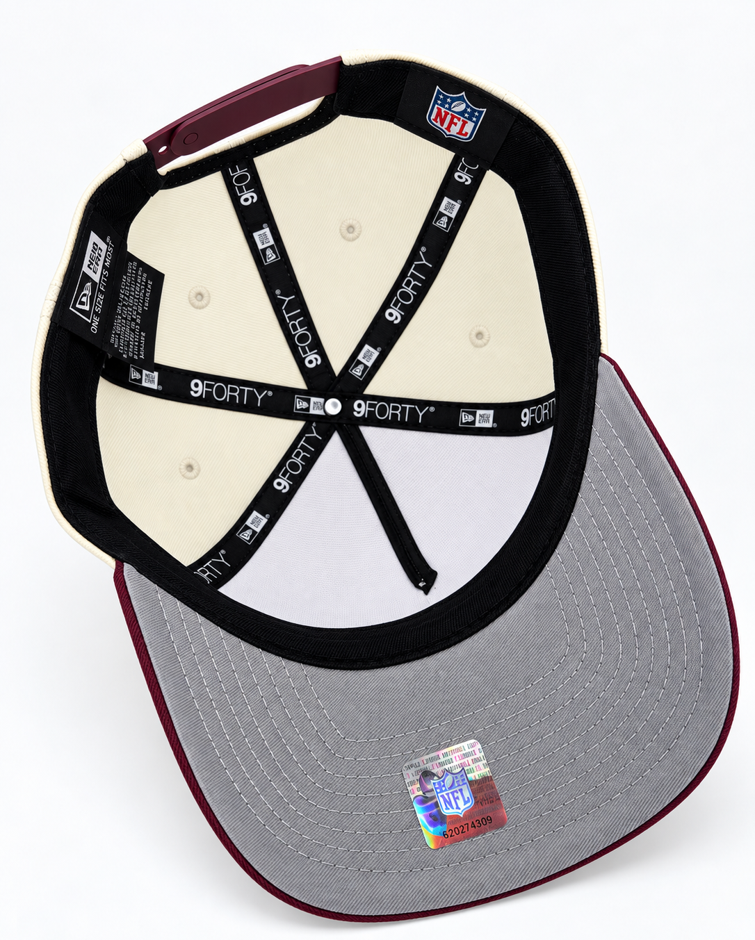New Era Kansas City Chiefs Pink Hearts 9FORTY A-Frame hat – underside view with maroon trim, cream crown lining and NFL label