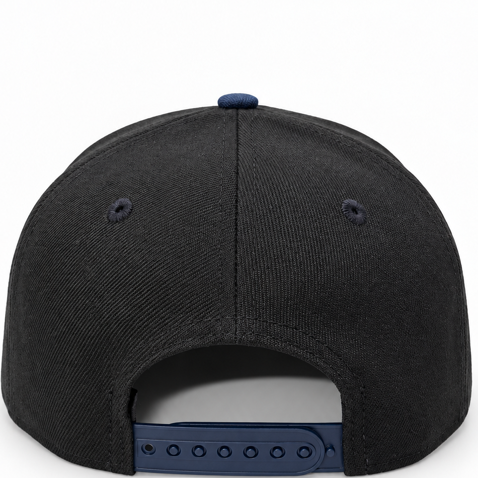 New Era Los Angeles Dodgers black and navy 9FORTY A-Frame cap – back view with navy snap closure and navy button