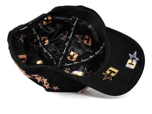 Black suede rhinestone star limited edition cap – interior view with printed satin lining and gold star detailing under the brim