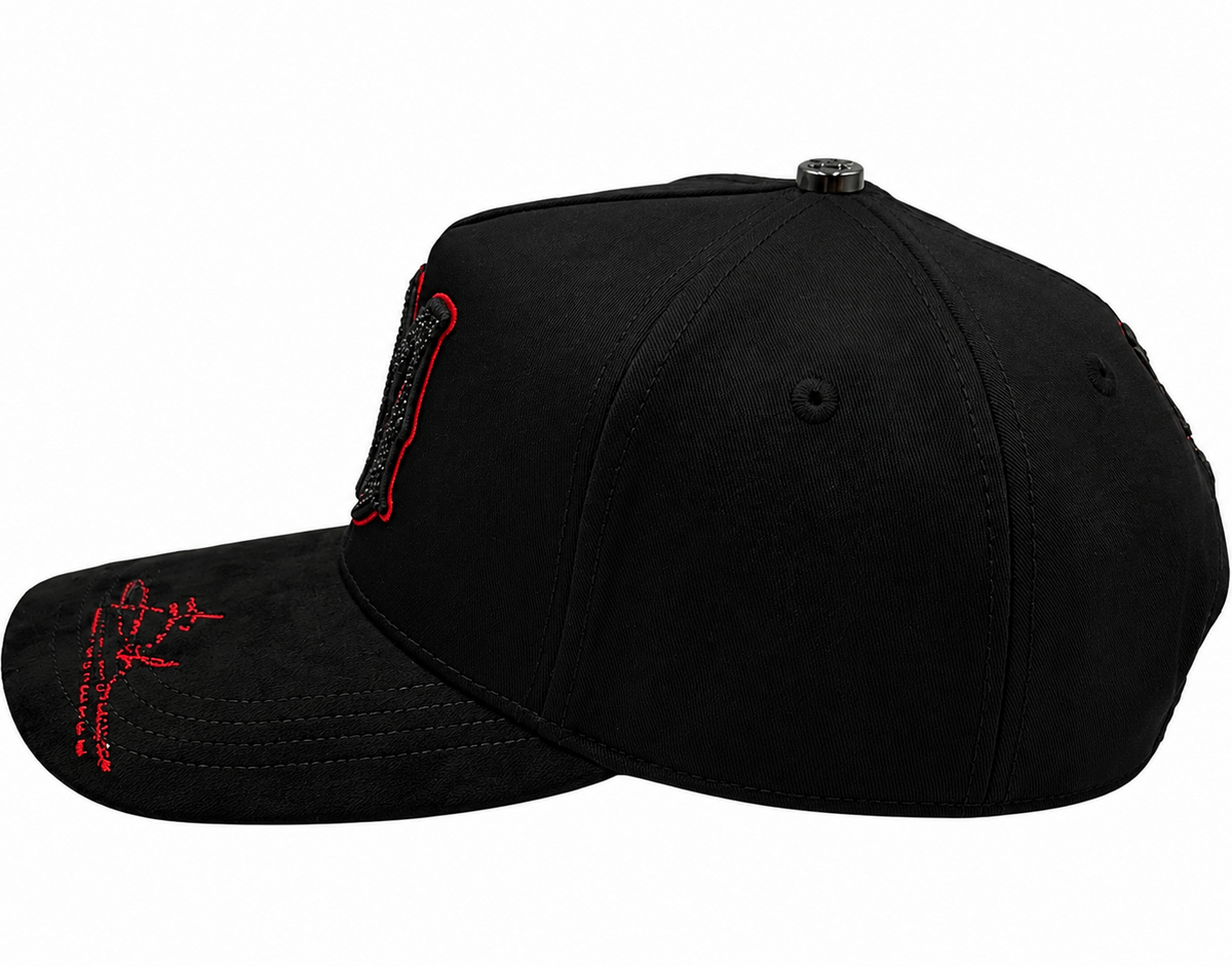 Black & Red Rhinestone Monogram Snapback Hat – Suede Brim