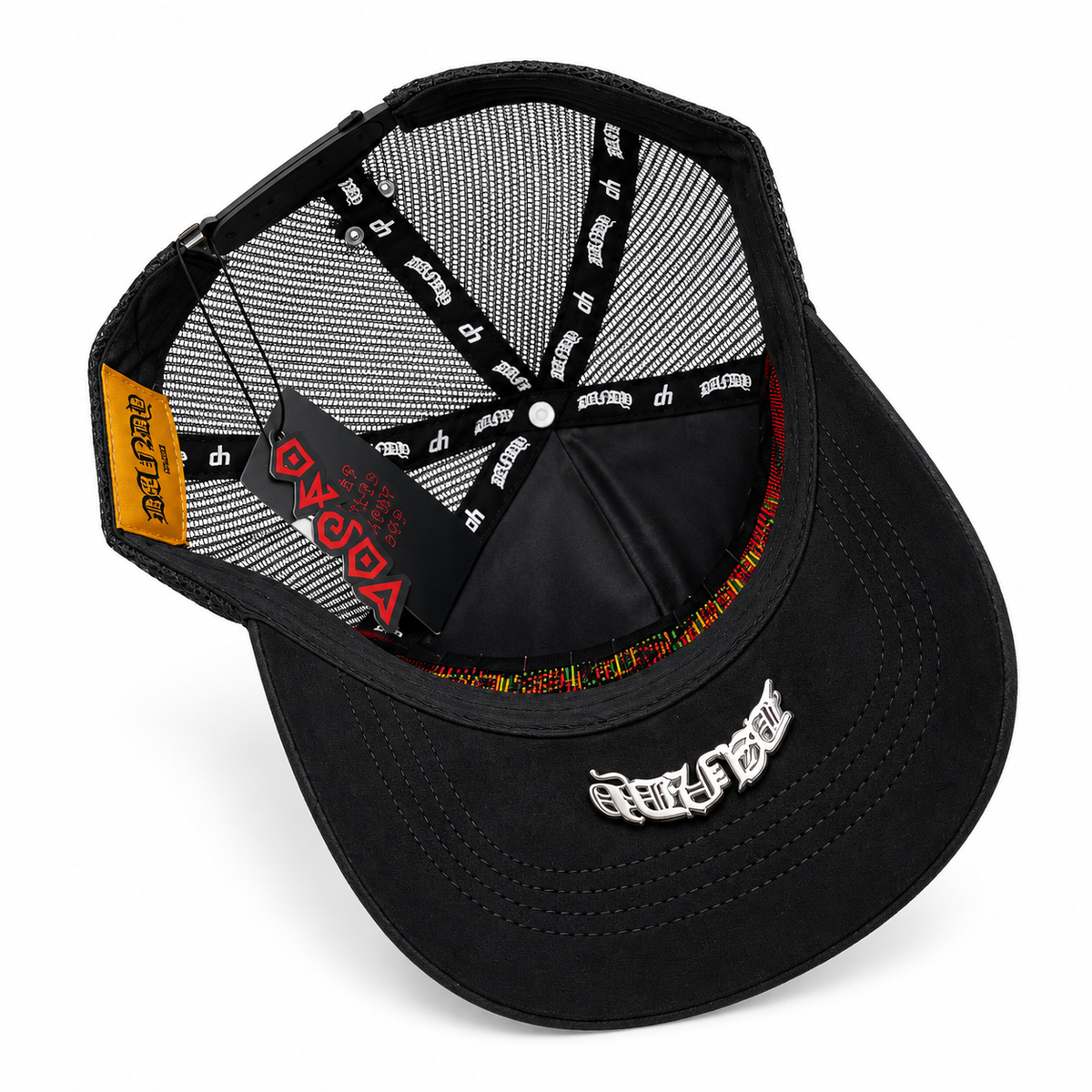 Dandy black leather flame rhinestone trucker snapback hat – interior view with mesh back panels and leather crown lining
