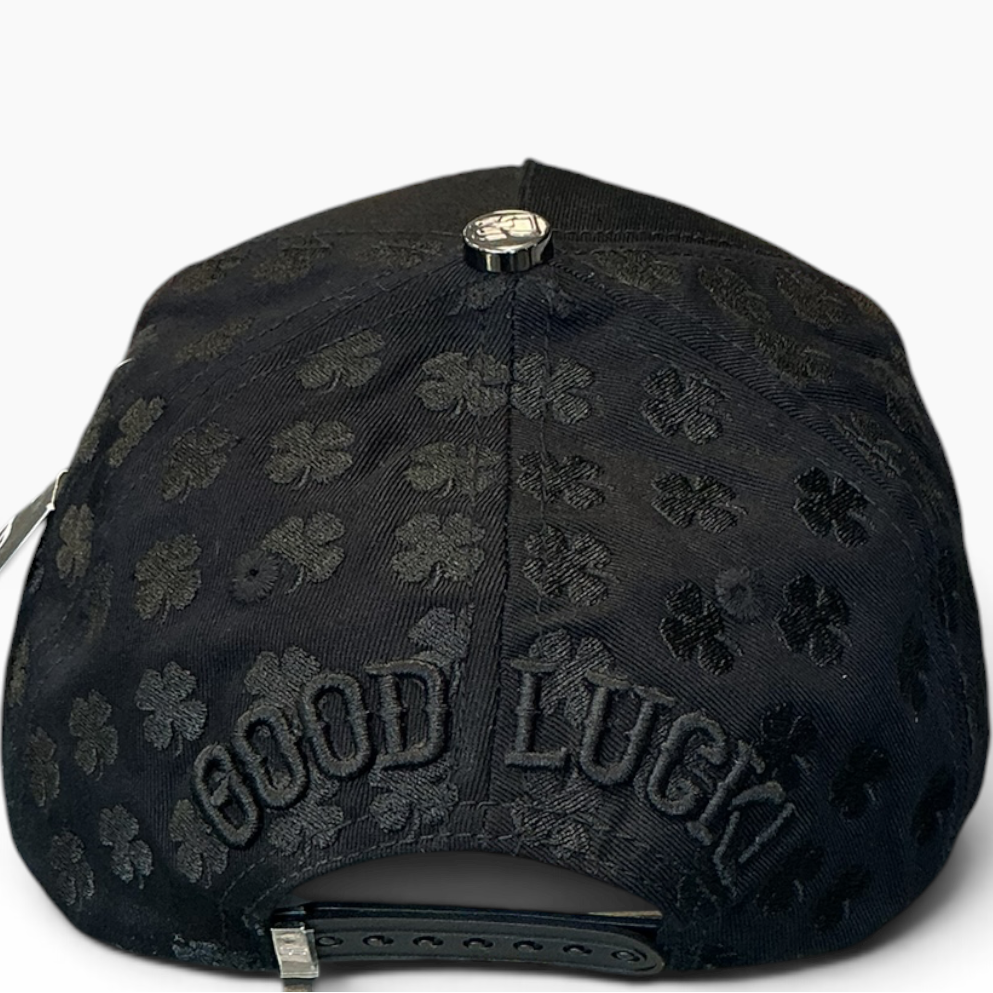 Good Luck clover snapback with embroidered clovers - side view