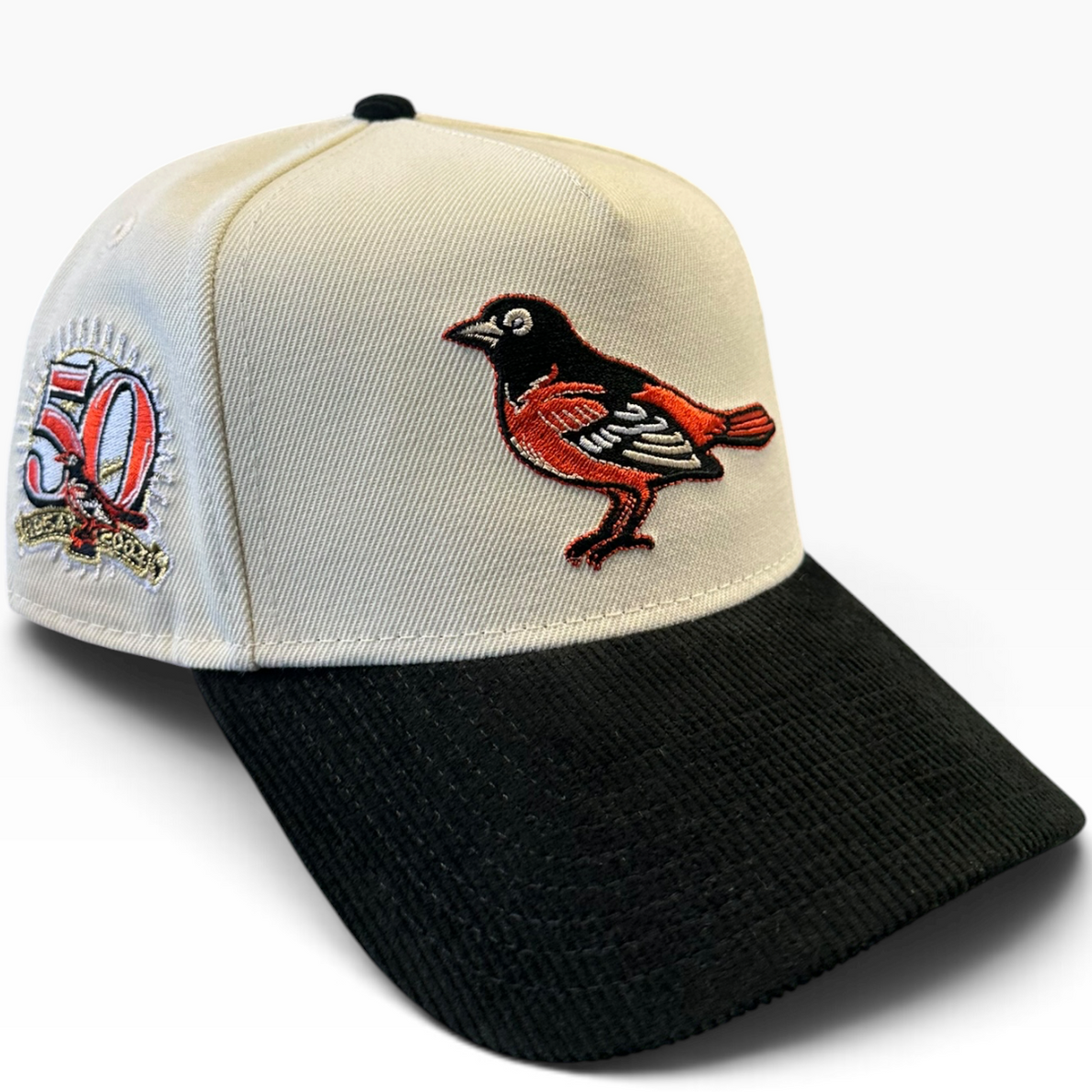 Baltimore Orioles cream and black New Era 9FORTY A-Frame adjustable hat - front view