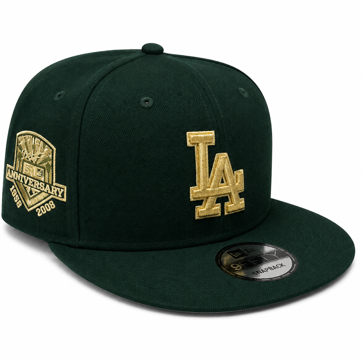 Los Angeles Dodgers 50th Anniversary forest green and gold snapback hat - front view
