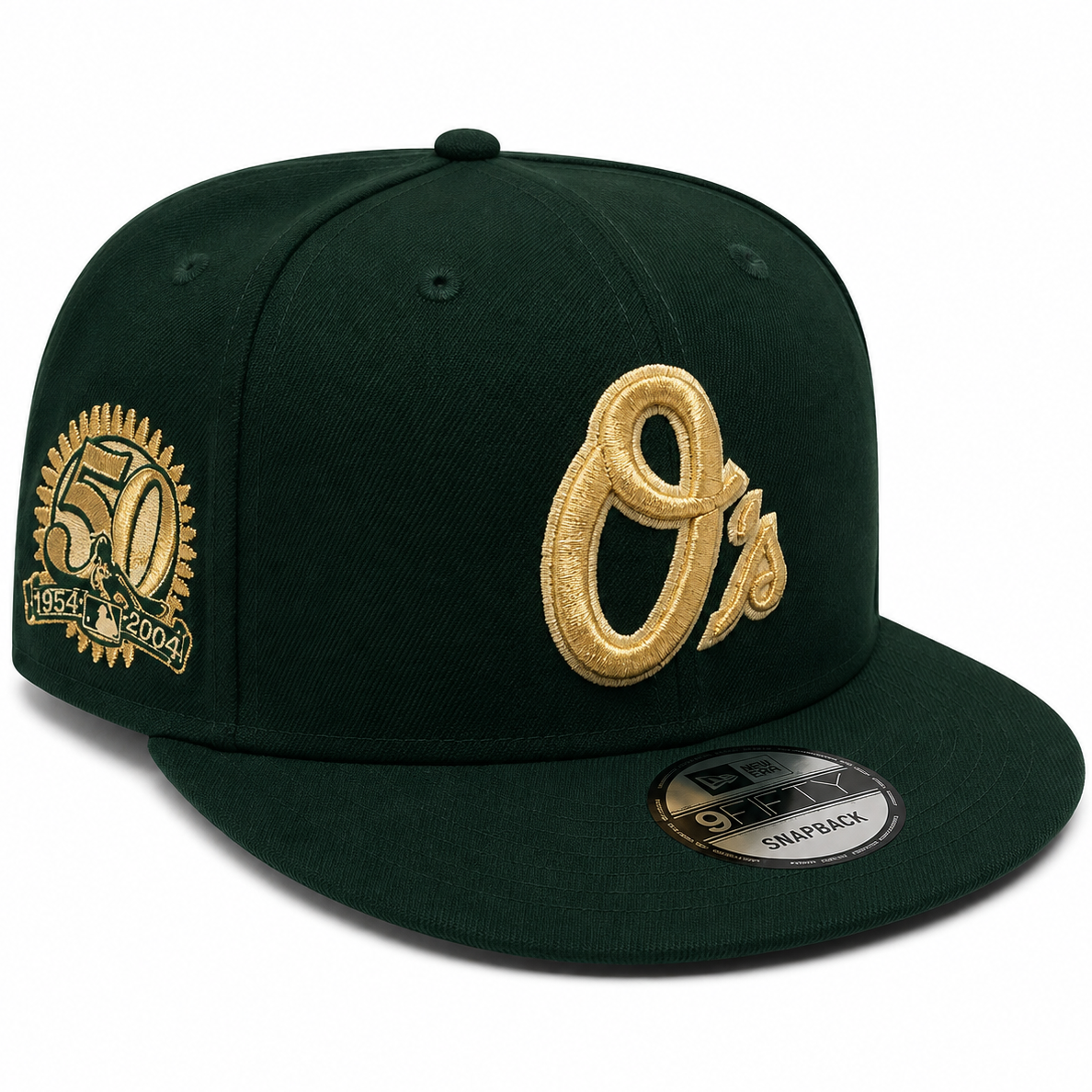 Orioles green and gold snapback with 50th Anniversary side patch - side view