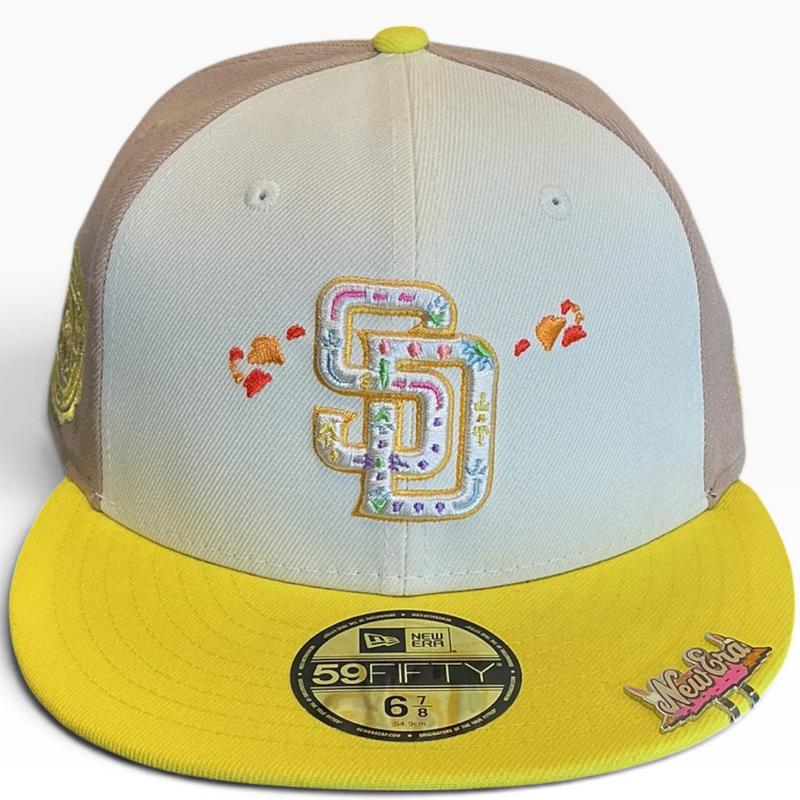 San Diego Padres cream, taupe and yellow Taco Embroidery New Era 59FIFTY fitted hat - detail view