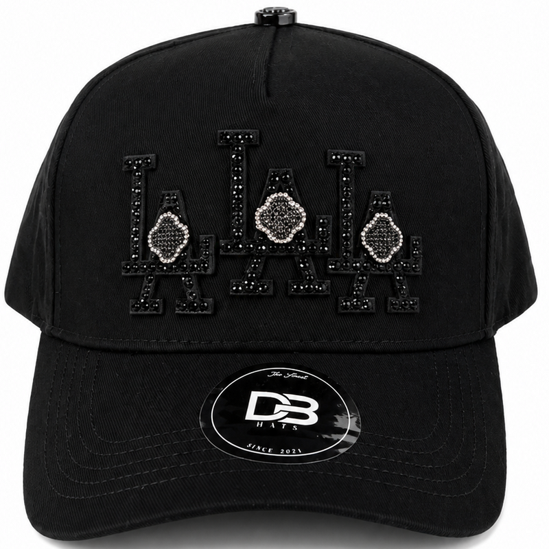 DB Hats black rhinestone LA hat - front view