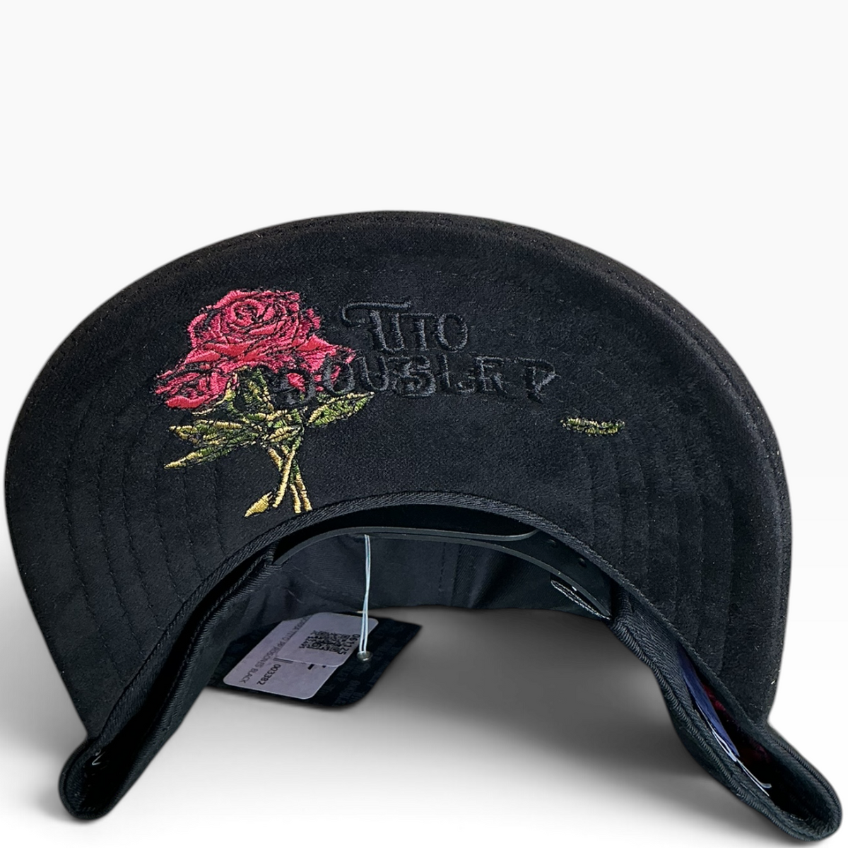 Black PP roses rhinestone suede brim adjustable hat - front view