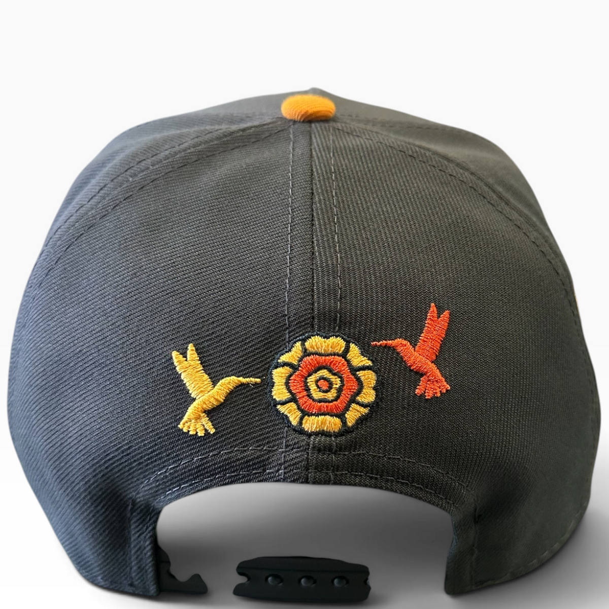 Mexico M logo black hat with gold and orange embroidery - side view