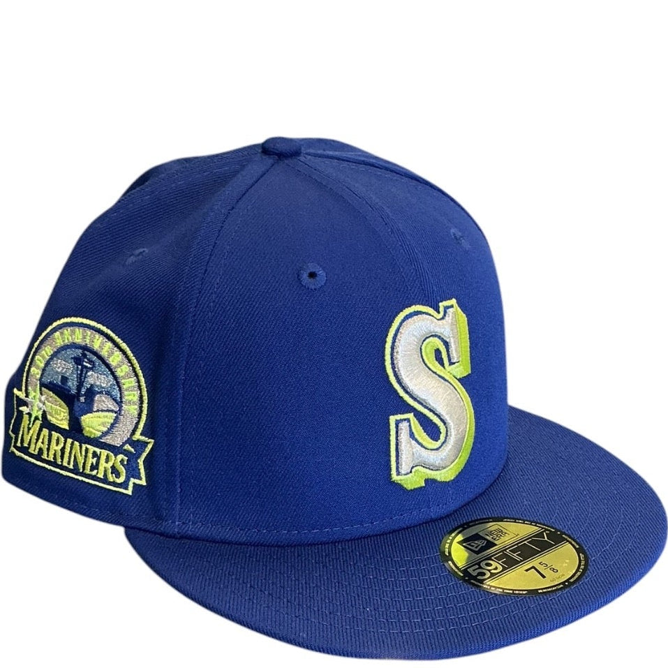 Seattle Mariners royal blue and neon green New Era 59FIFTY fitted hat - front view