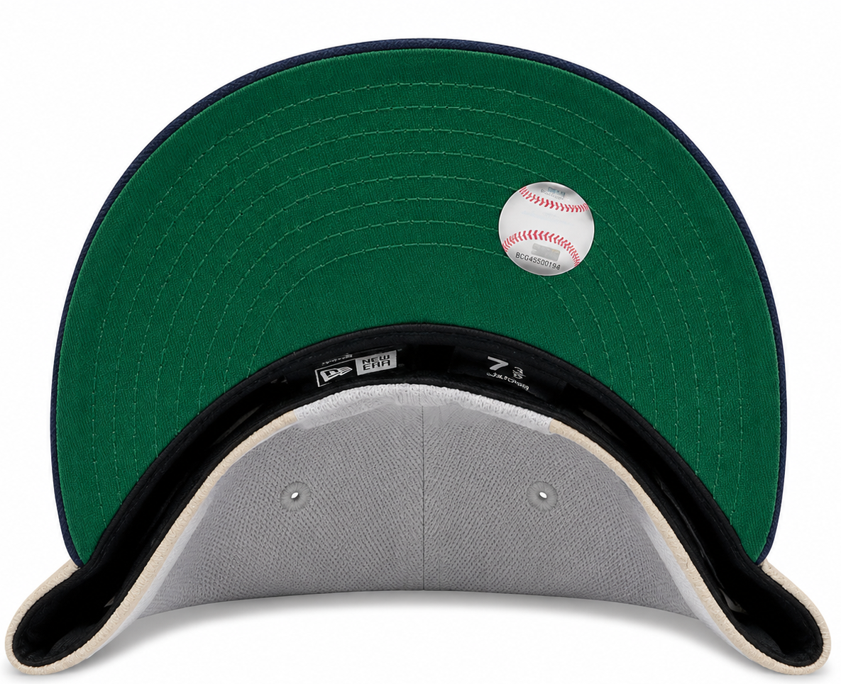 Los Angeles Dodgers taupe and navy New Era 59FIFTY fitted hat - detail view
