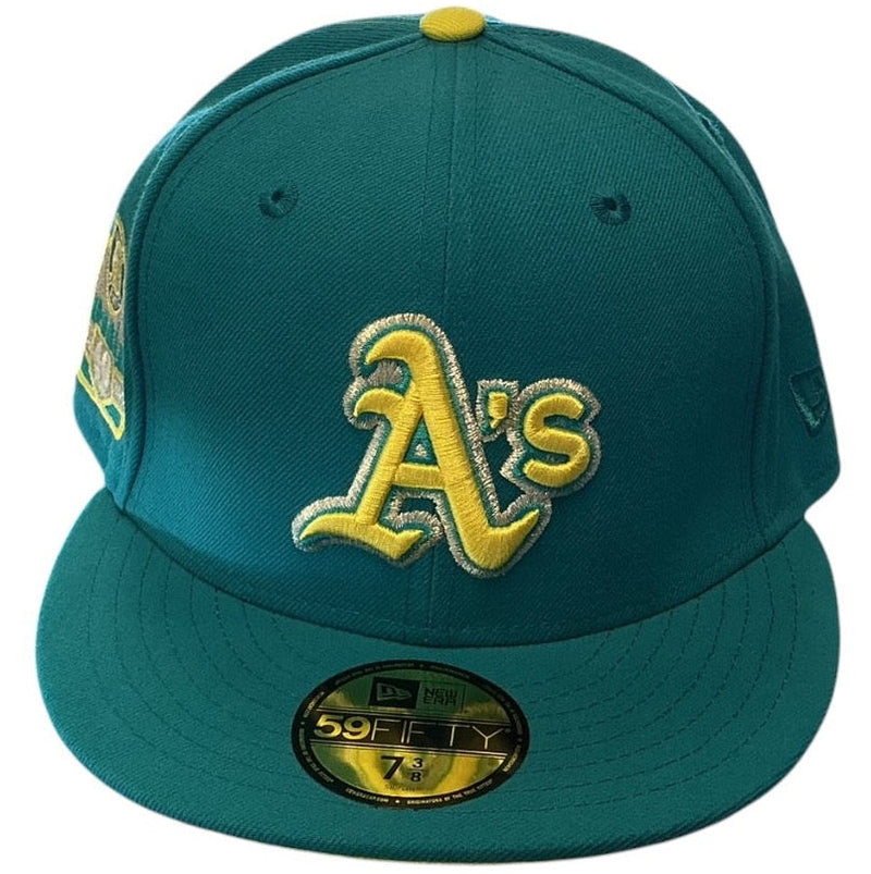 Oakland Athletics green and gold 40th Anniversary New Era 59FIFTY fitted hat - side view
