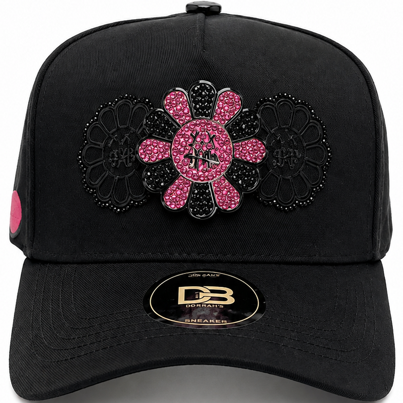 Black & Pink Rhinestone Floral Snapback Hat – front view