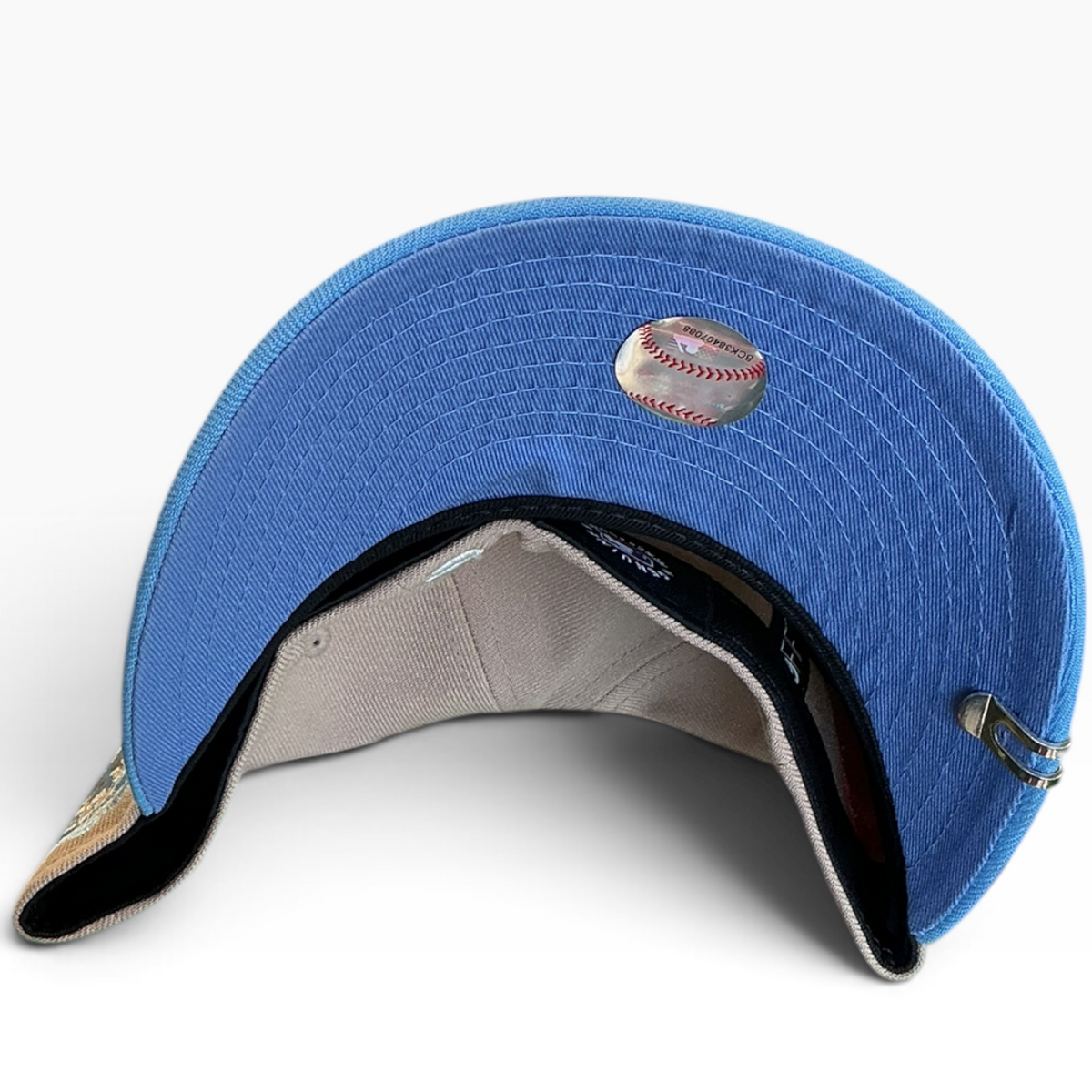 Los Angeles Dodgers cream, tan and blue LA Taco Embroidery New Era 59FIFTY fitted hat - undervisor detail