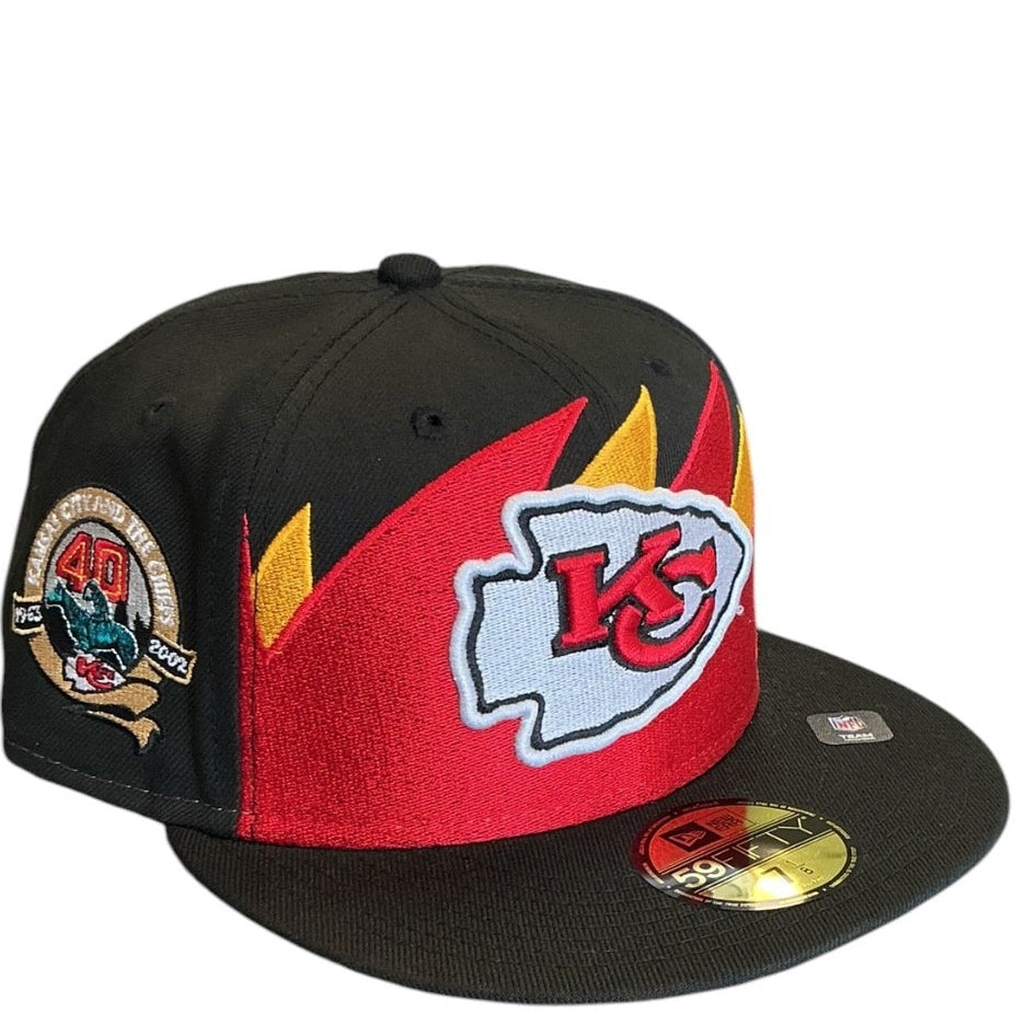 Kansas City Chiefs black flame design New Era 59FIFTY fitted hat - back view