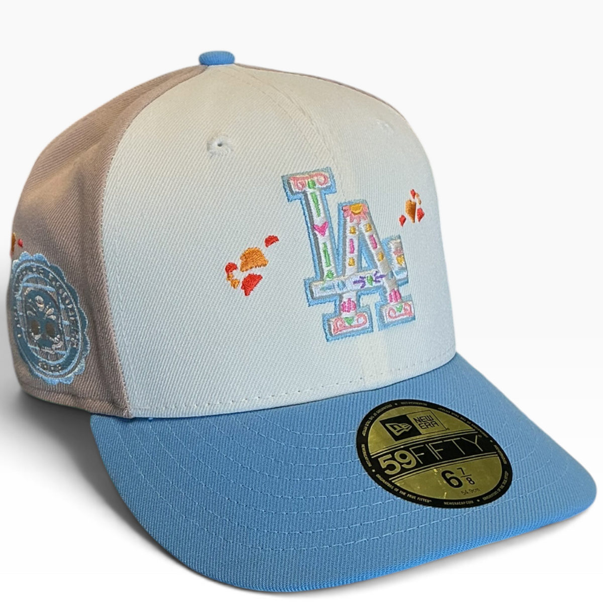 Los Angeles Dodgers cream, tan and blue LA Taco Embroidery New Era 59FIFTY fitted hat - back view