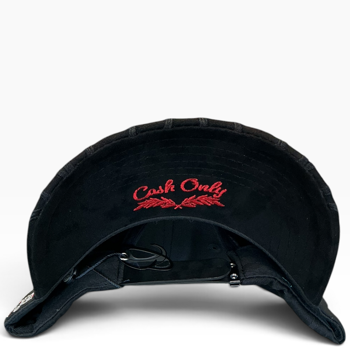 Cash Only Money black and red rhinestone snapback hat - front view