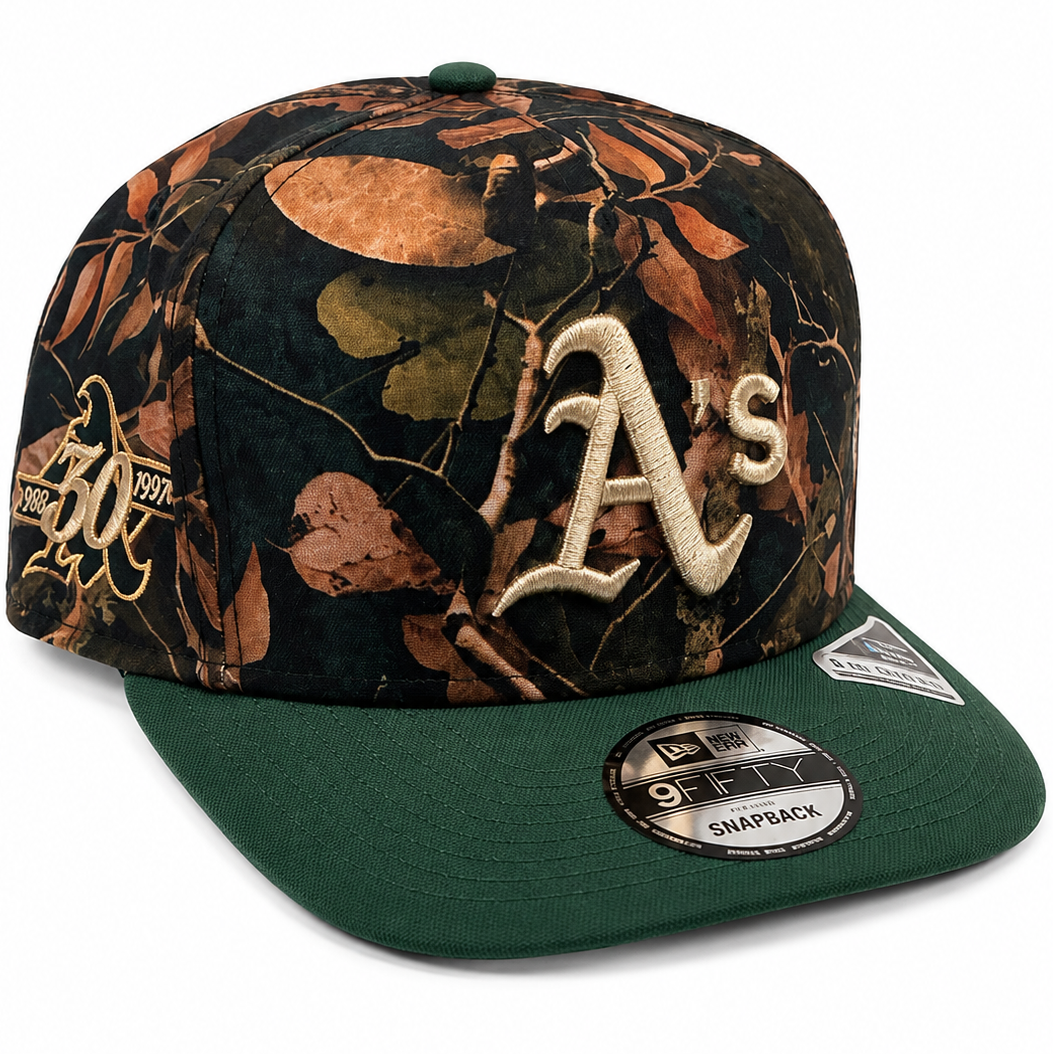 Oakland Athletics leaf camo New Era 9FIFTY A-Frame snapback hat - front view