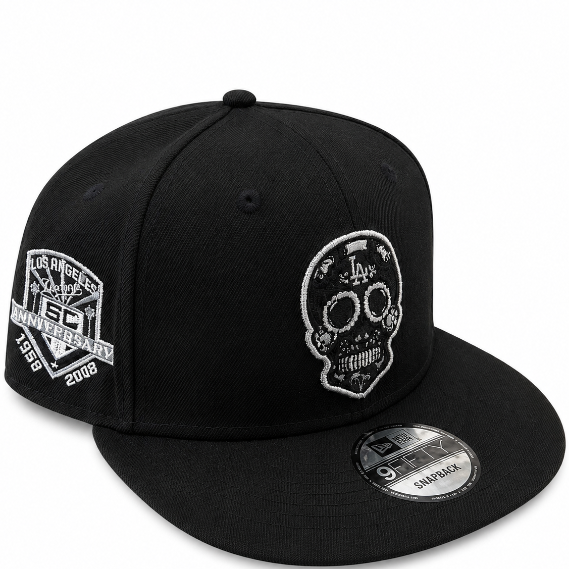 LA Dodgers sugar skull black snapback with commemorative side embroidery - side view