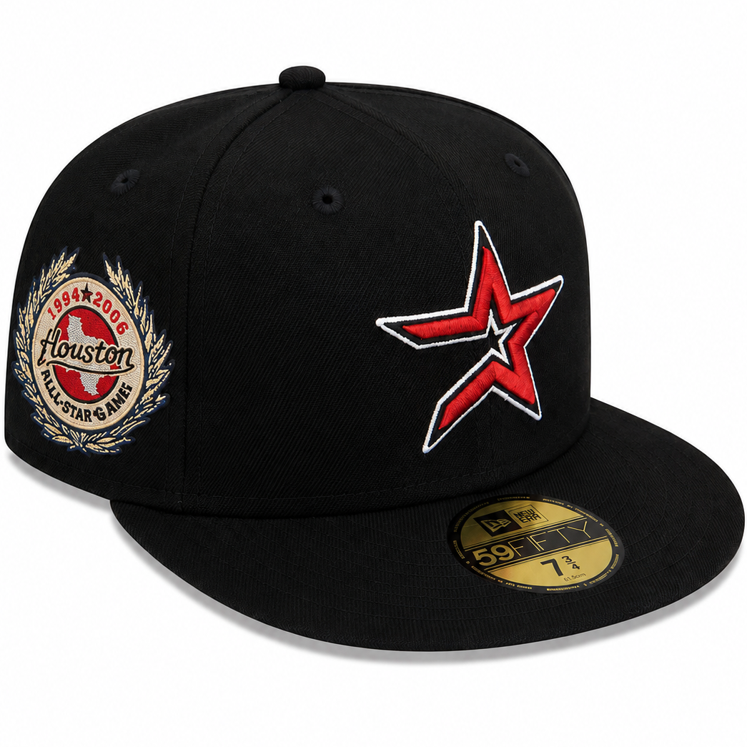 Houston Astros black fitted hat – side view with embroidered 2004 All-Star Game patch