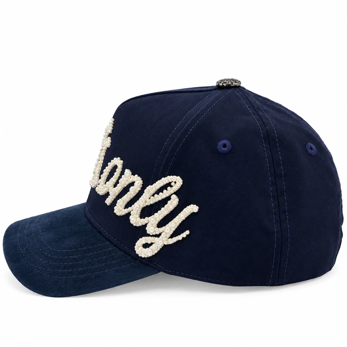 Navy blue Cash Only pearl hat - side view
