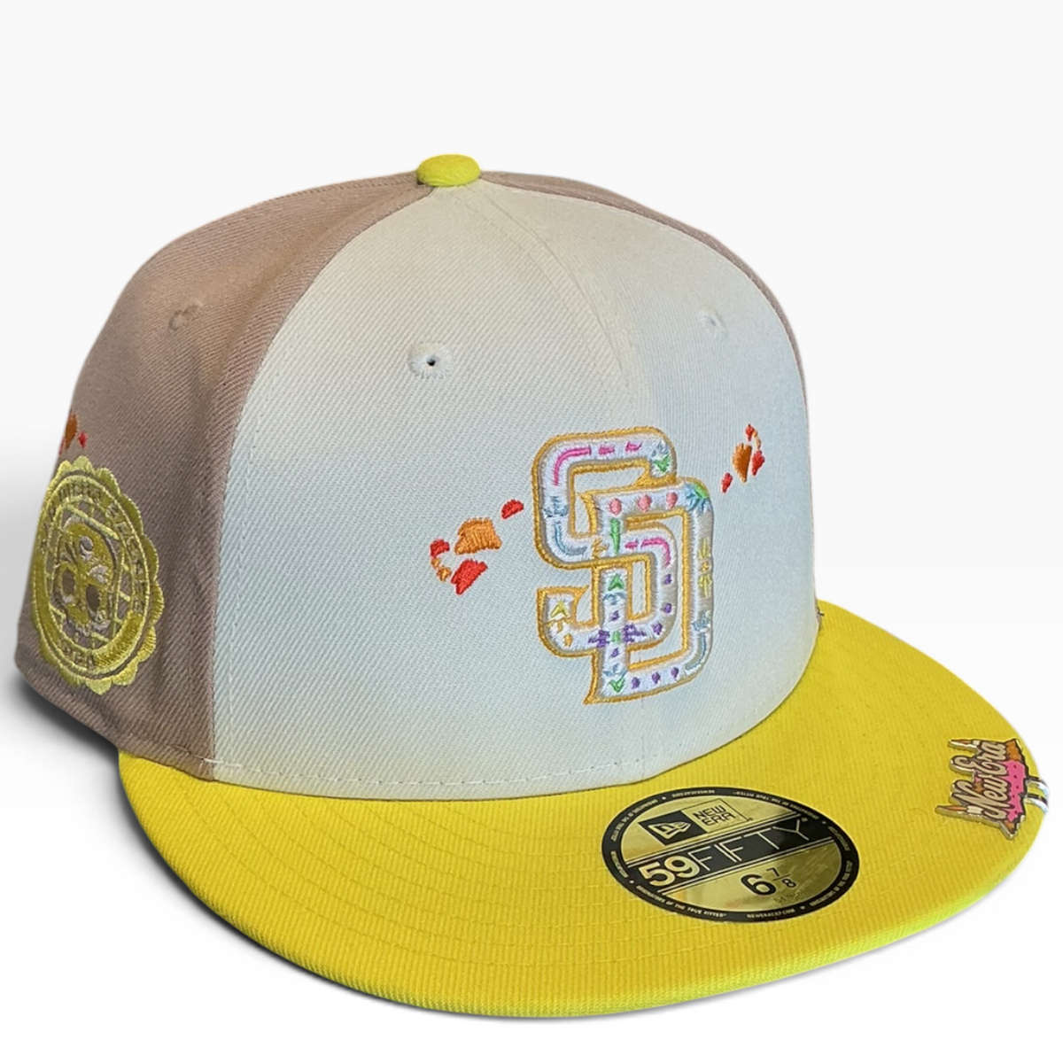 San Diego Padres cream, taupe and yellow Taco Embroidery New Era 59FIFTY fitted hat - back view