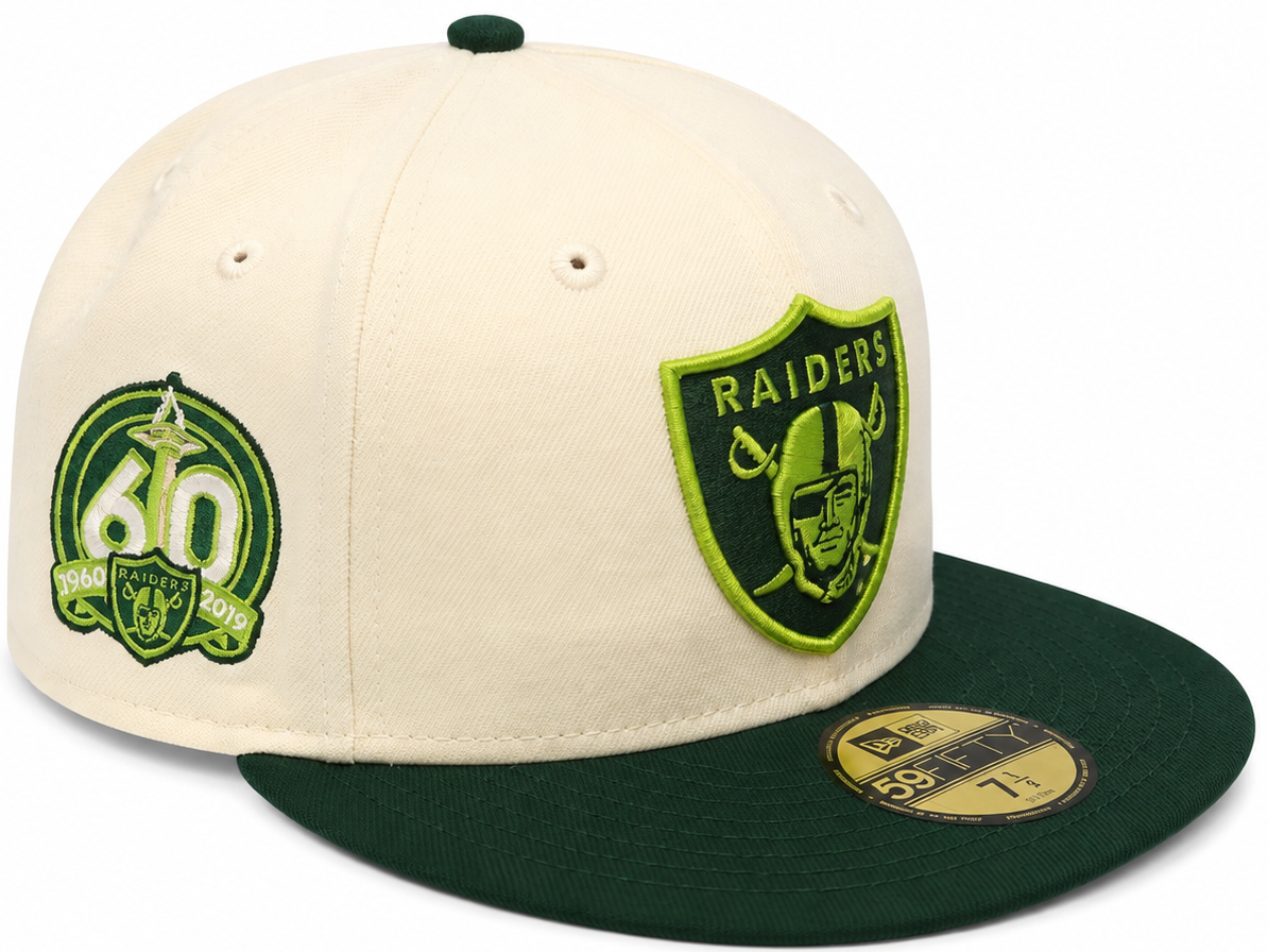 Las Vegas Raiders cream/green New Era 59FIFTY fitted hat - side view