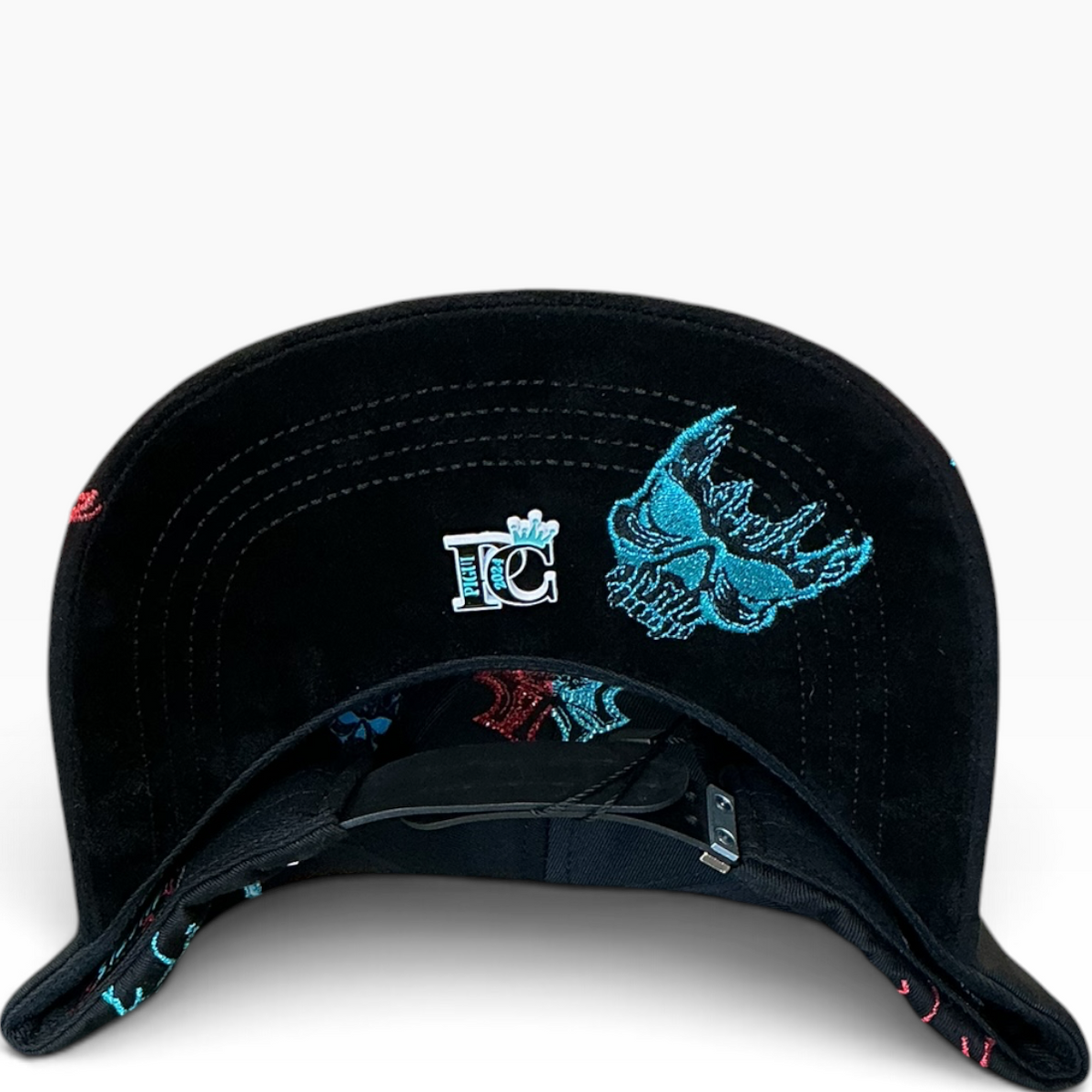 NY Angel and Devil skull rhinestone snapback hat black red blue - front view
