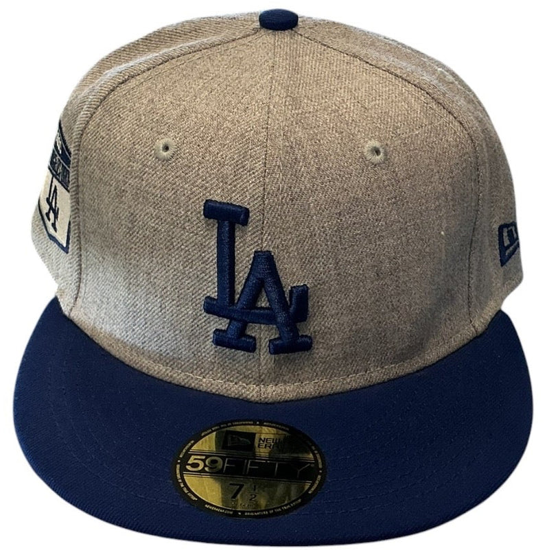 Los Angeles Dodgers tan and navy New Era 59FIFTY fitted hat - front view