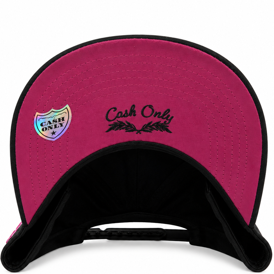 Cash Only black and pink Money Bear cap with pink teddy bear graphic - front view
