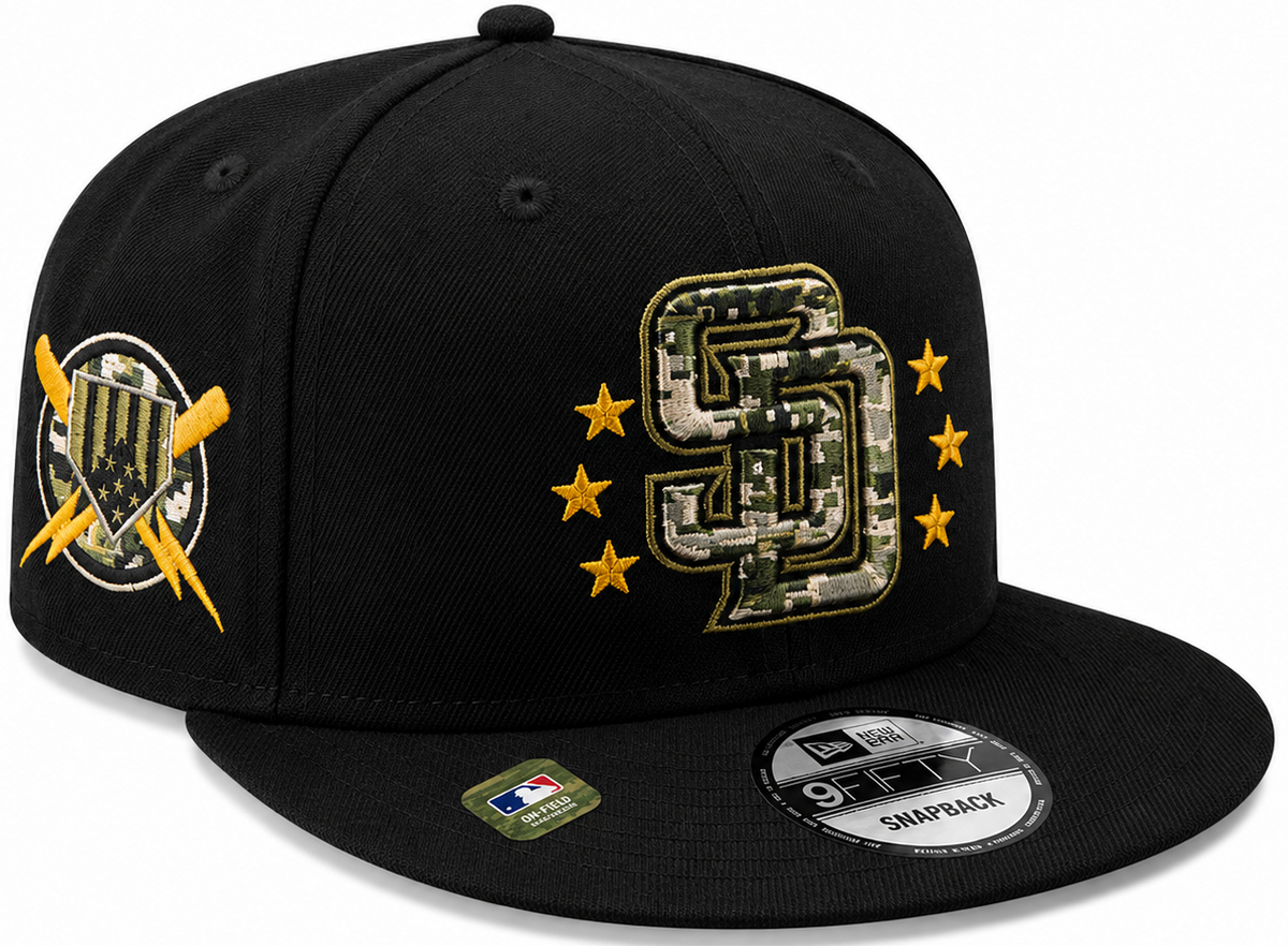 New Era San Diego Padres black camo 9FIFTY snapback hat with camouflage SD logo and gold stars - front view