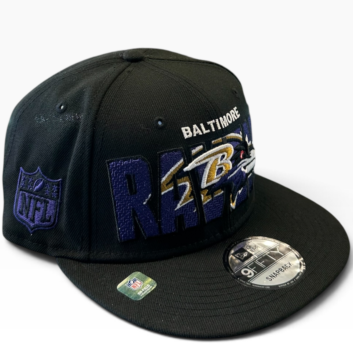 Baltimore Ravens Black Multi-Logo New Era 9FIFTY snapback hat - side view