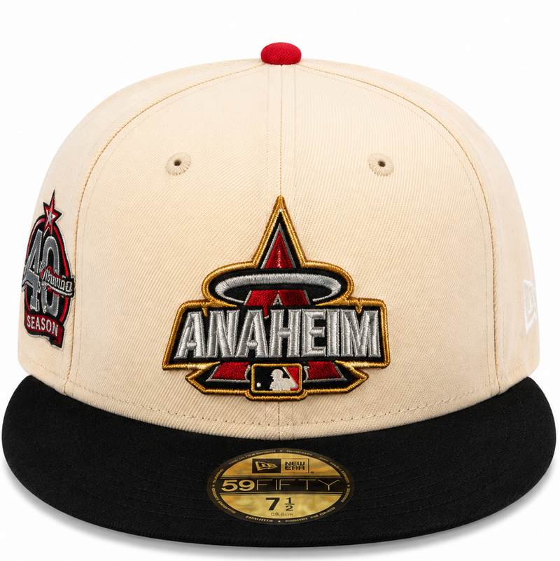 Anaheim Angels cream/black New Era 59FIFTY fitted hat - front view