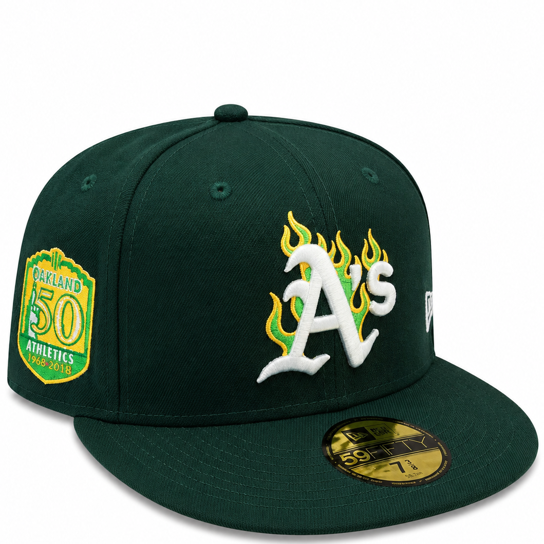 Oakland Athletics dark green flame New Era 59FIFTY fitted hat - side view