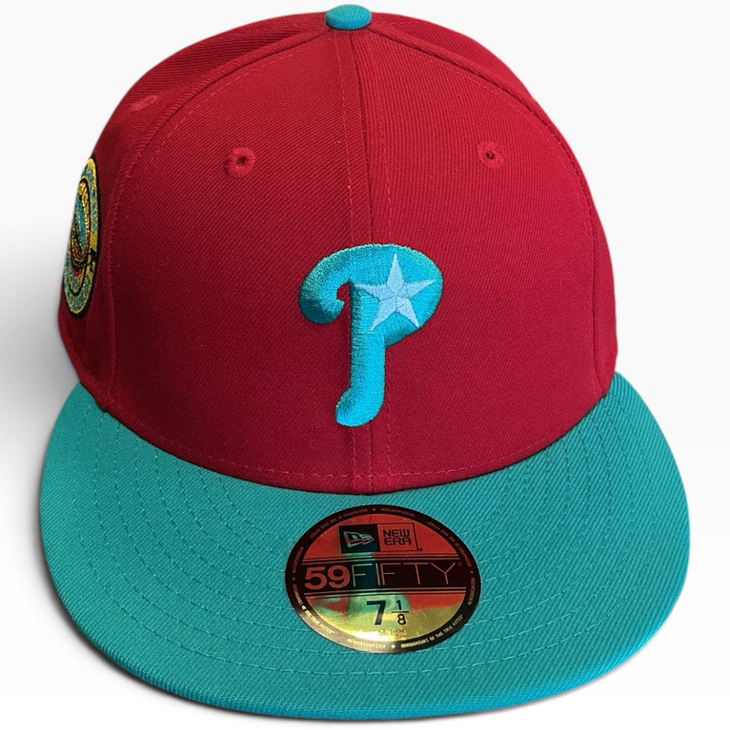 Philadelphia Phillies red and teal Star P Logo New Era 59FIFTY fitted hat - side view