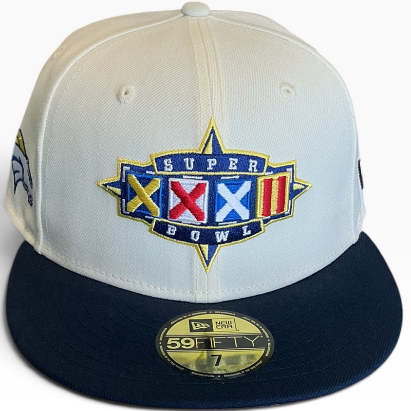 Denver Broncos Super Bowl XXXII Cream & Navy New Era 59FIFTY fitted hat - side view
