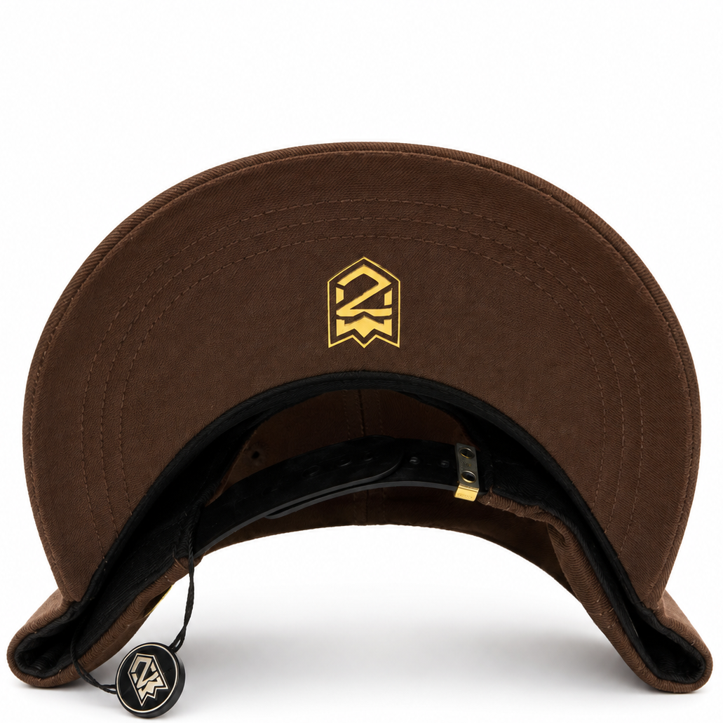 Brown and gold SD rhinestone snapback hat with raised gold SD embroidery - front view