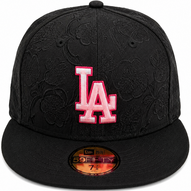 Los Angeles Dodgers black floral 59FIFTY fitted hat with pink and white LA logo – front view