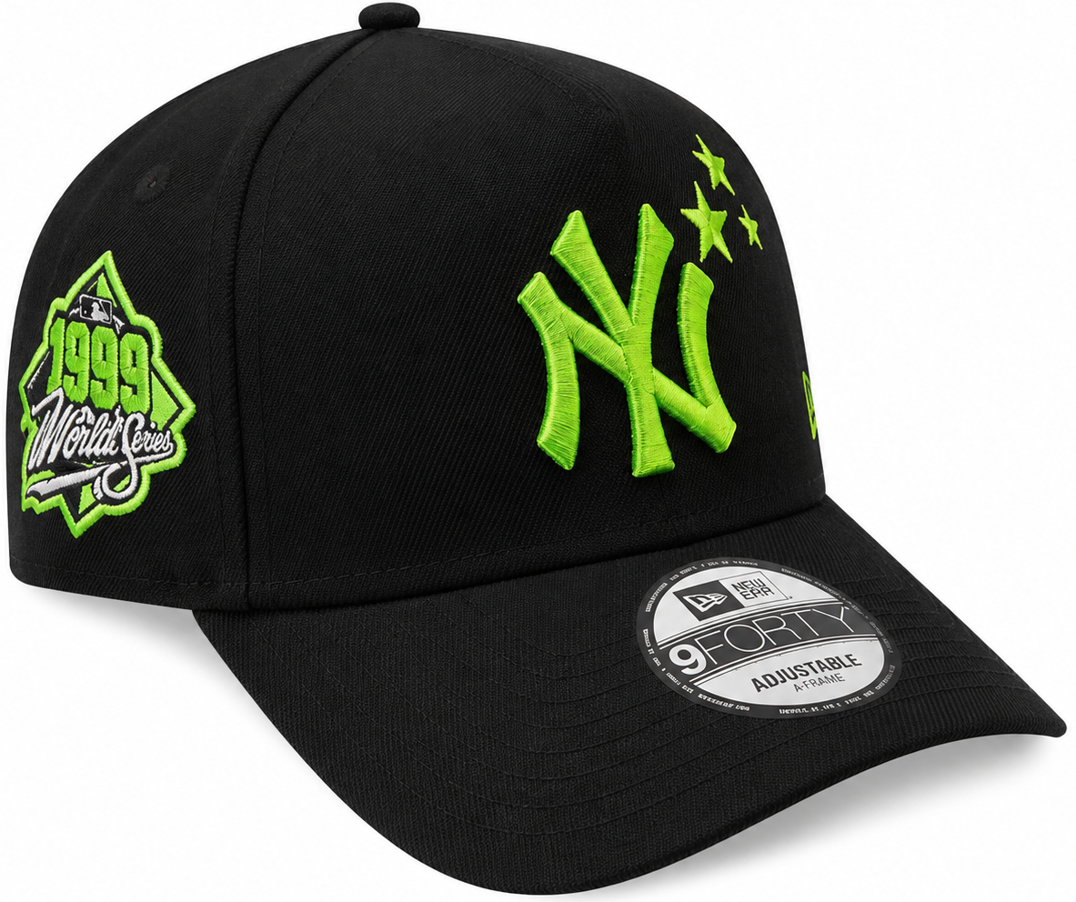 Yankees black and neon green A-Frame hat with 1999 World Series side patch - side view