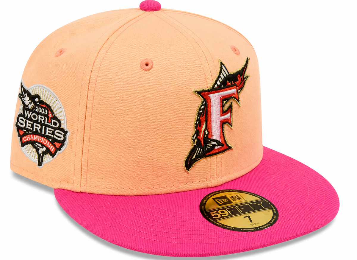 Florida Marlins Peach / Pink New Era 59FIFTY fitted hat - front view