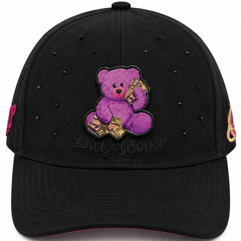 Cash Only Black & Pink Money Bear Cap – front view