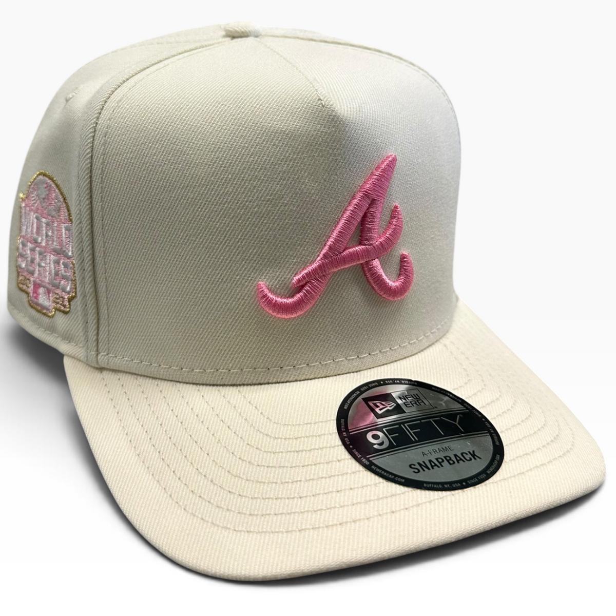 Atlanta Braves Cream & Pink New Era 9FIFTY A-Frame snapback hat - front view