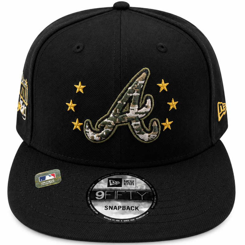 Atlanta Braves black camo snapback with military-inspired side patch - side view